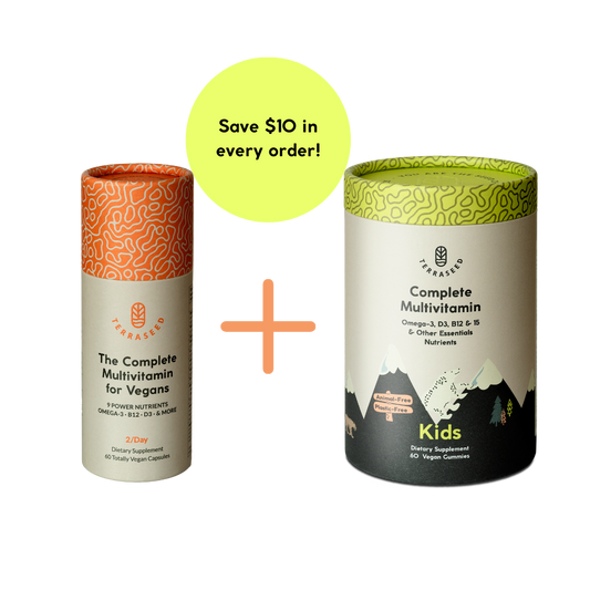 Terraseed Family Bundle includes the Complete Multivitamin for Vegans and The Complete Multivitamin for Kids including sustainably sourced, vegan ingredients packaged in biodegradable packaging.