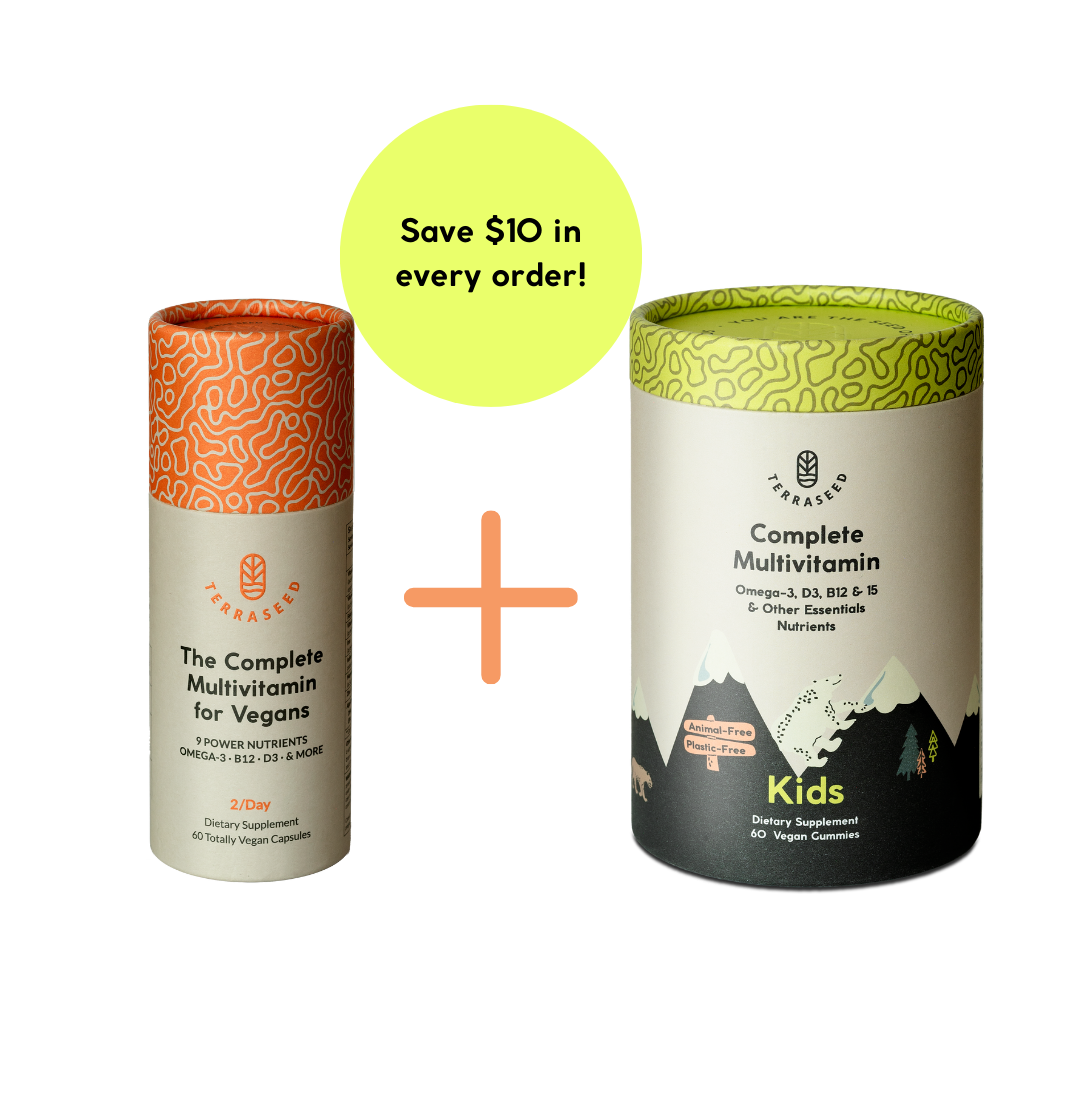 Terraseed Family Bundle includes the Complete Multivitamin for Vegans and The Complete Multivitamin for Kids including sustainably sourced, vegan ingredients packaged in biodegradable packaging. 